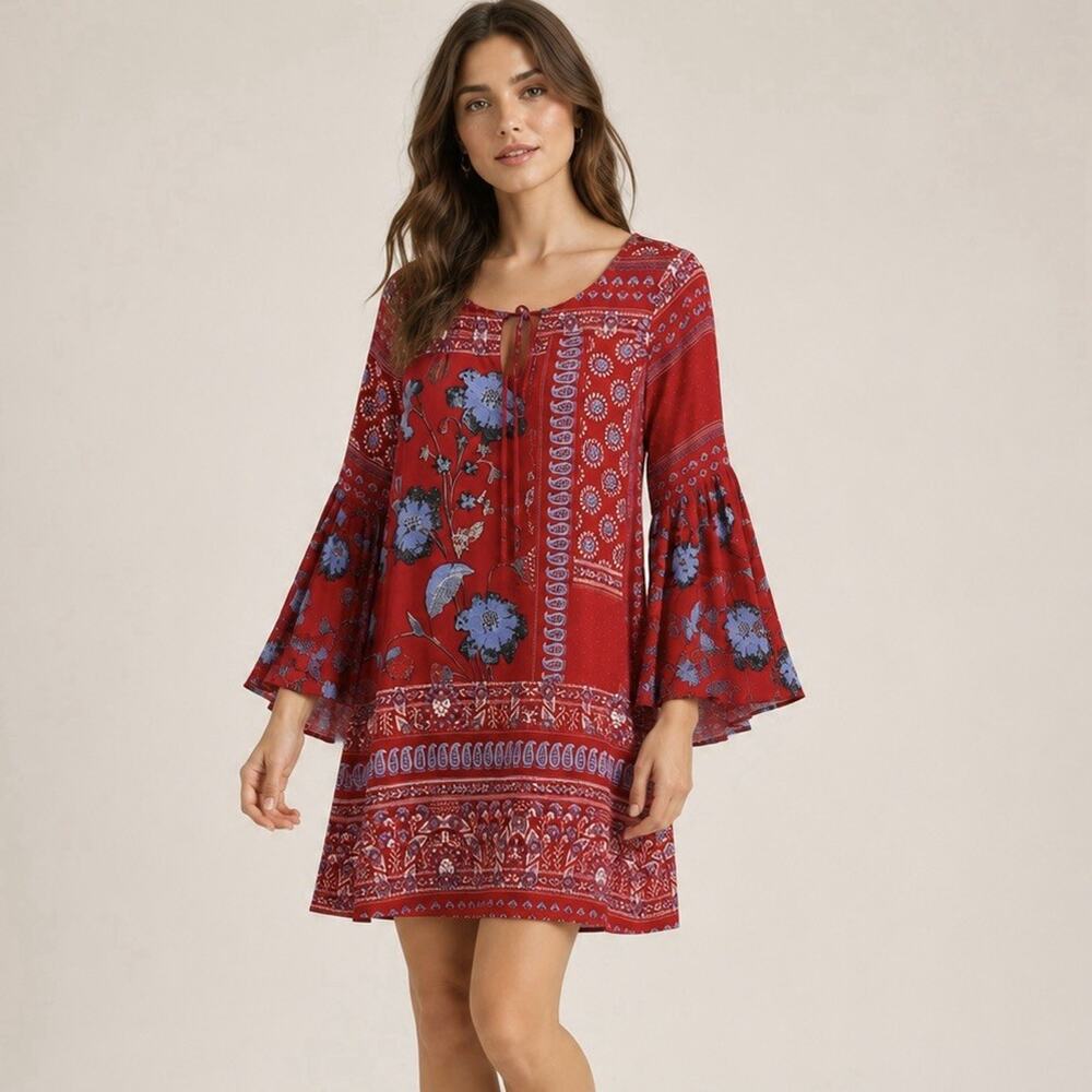 Anthropologie Vanessa Virginia Dress Size 6 Red Boho 100% Silk Isabelle Floral